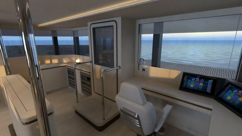  Yacht Photos Pics Interior of 2025 Archipelago A-80 Expedition yacht with modern navigation equipment and ocean view.