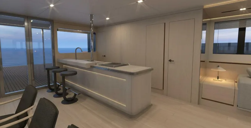  Yacht Photos Pics Modern kitchen interior on 2025 Archipelago A-80 Expedition yacht with ocean view.