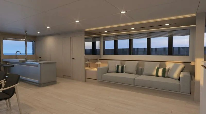  Yacht Photos Pics Luxurious interior of 2025 Archipelago A-80 Expedition yacht with modern furnishings.