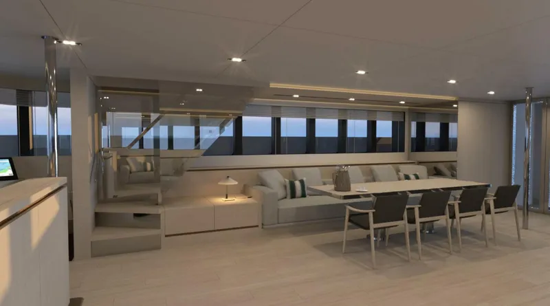  Yacht Photos Pics Luxurious interior of 2025 Archipelago A-80 Expedition yacht with modern dining area and seating.
