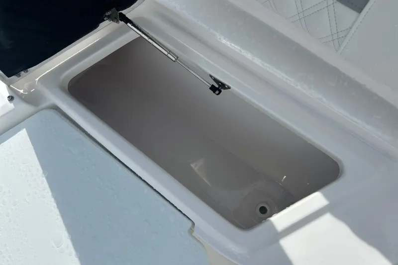  Yacht Photos Pics Open storage compartment on 2026 Sea Fox 268 Commander boat, featuring a hydraulic lift.