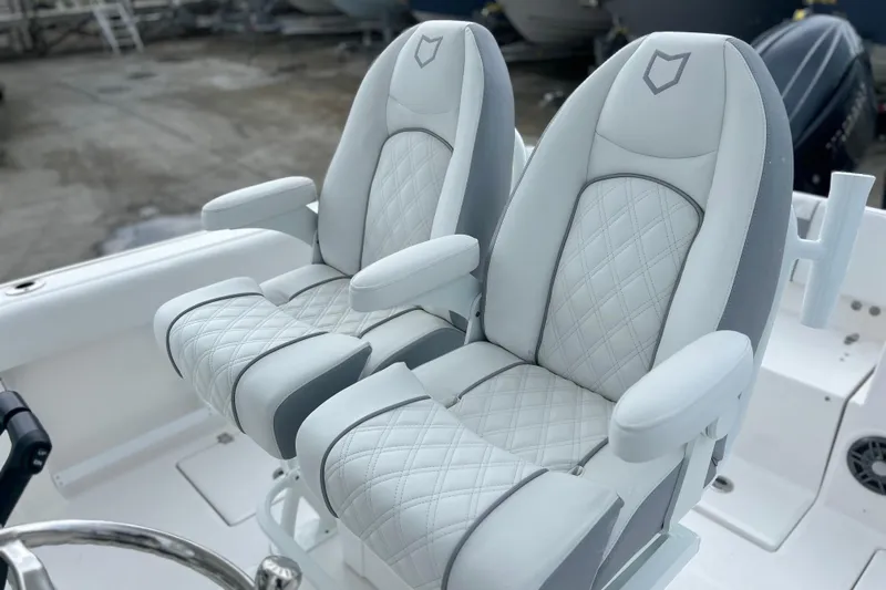  Yacht Photos Pics Luxury seating on 2026 Sea Fox 268 Commander boat, featuring diamond-stitched upholstery.