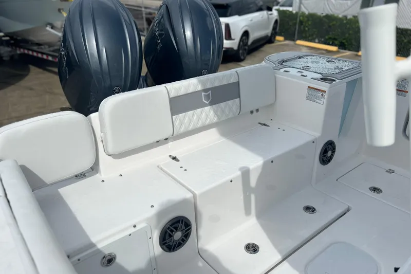  Yacht Photos Pics 2026 Sea Fox 268 Commander boat interior with dual engines and seating area.