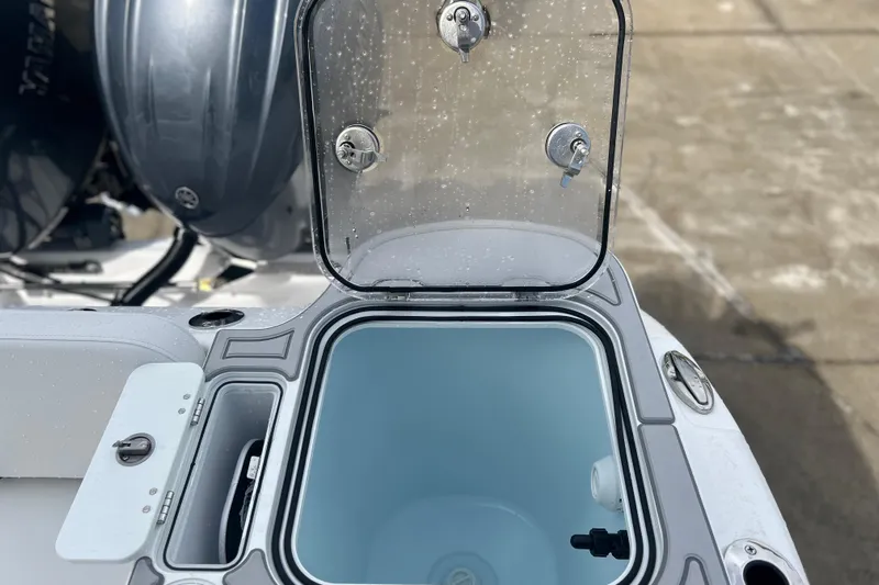  Yacht Photos Pics Open hatch on 2026 Sea Fox 268 Commander boat, showcasing storage compartment.