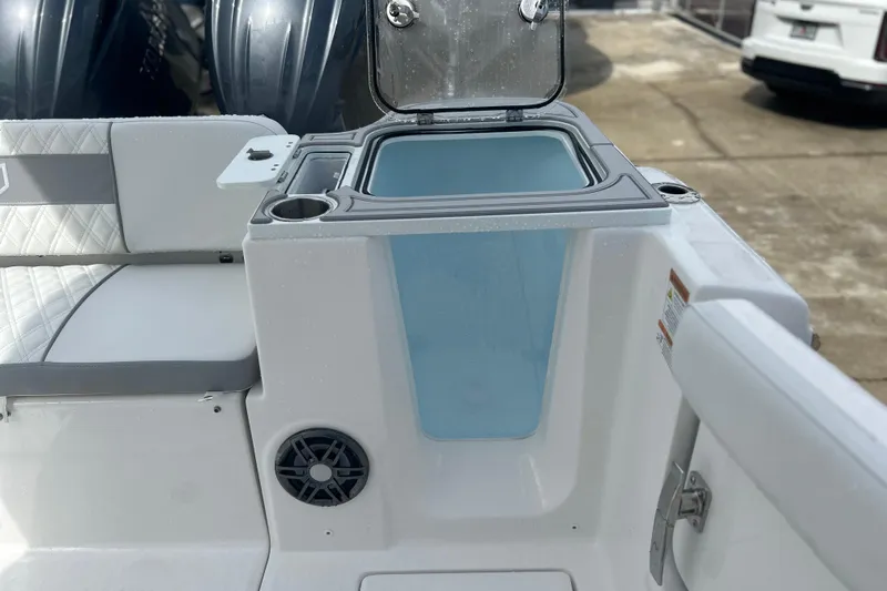  Yacht Photos Pics 2026 Sea Fox 268 Commander boat interior with seating and storage compartment.