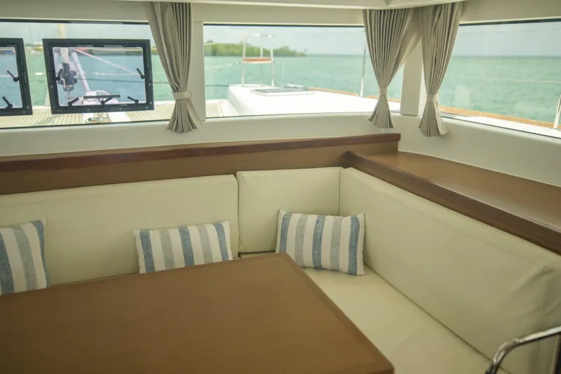 Wanderlust Yacht Photos Pics Interior of 2020 Lagoon 40 catamaran with cozy seating and ocean view.