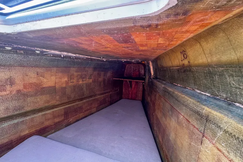 Wanderlust Yacht Photos Pics Interior view of a 2020 Lagoon 40 catamaran hull, showcasing fiberglass construction.
