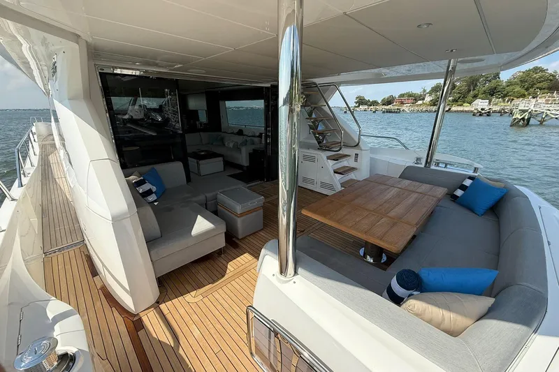  Yacht Photos Pics Luxurious 2021 Sunseeker 76 Yacht with spacious deck and elegant seating area.