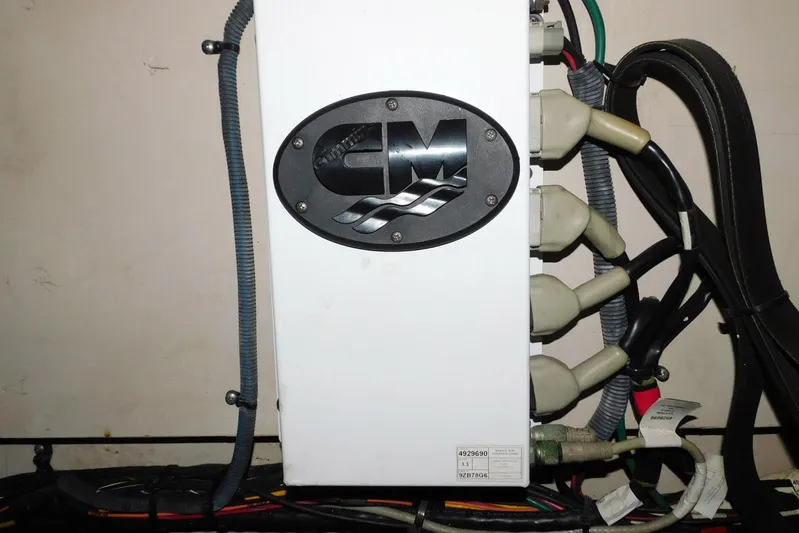 Full Deck Yacht Photos Pics Electrical panel with cables on a 2008 Sea Ray 44 Sedan Bridge yacht.