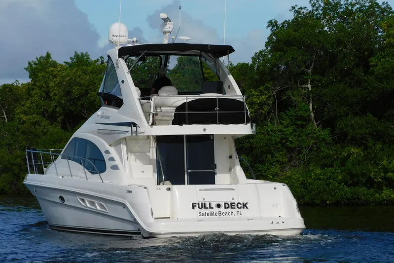 Full Deck Yacht Photos Pics 2008 Sea Ray 44 Sedan Bridge yacht cruising near lush greenery.