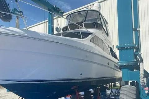 Full Deck Yacht Photos Pics 2008 Sea Ray 44 Sedan Bridge yacht in dry dock, undergoing maintenance.