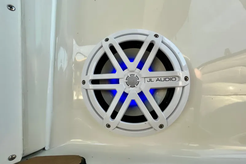 Done Deal Yacht Photos Pics JL Audio speaker with blue LED light on 2002 Regal Commodore 3860 boat.