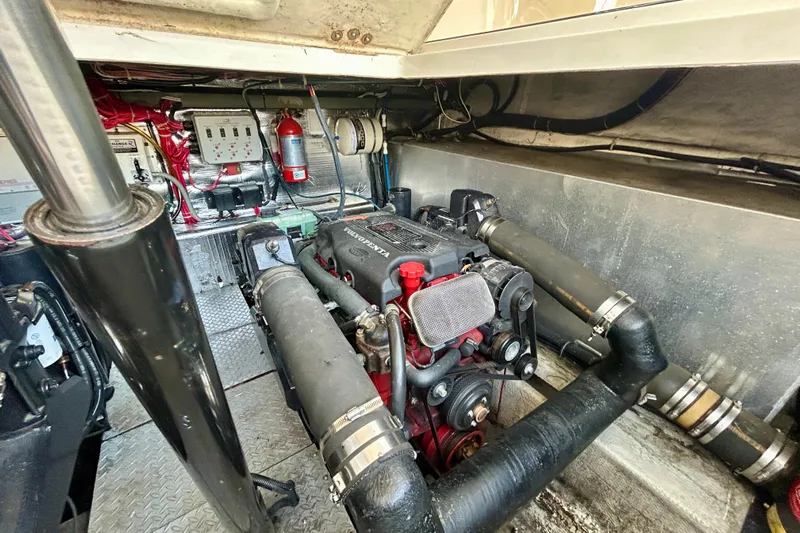 Done Deal Yacht Photos Pics Engine room of 2002 Regal Commodore 3860 with Volvo Penta engine and safety equipment.