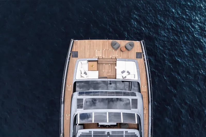 Double Happiness Yacht Photos Pics Aerial view of 2024 Sunreef 60 yacht on deep blue ocean.
