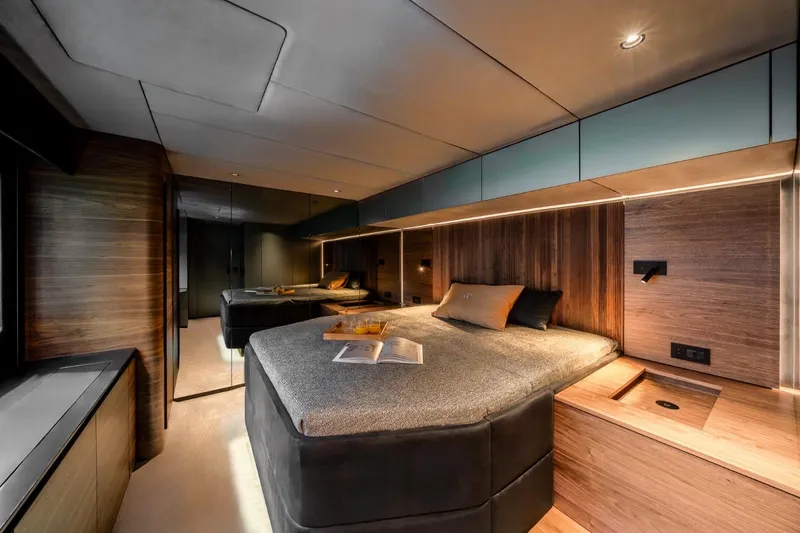 Double Happiness Yacht Photos Pics Luxurious interior of 2024 Sunreef 60 yacht with modern bedroom design.