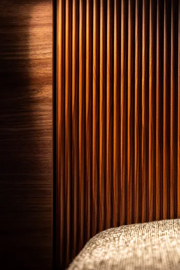 Double Happiness Yacht Photos Pics Wooden paneling detail in 2024 Sunreef 60 yacht interior design.