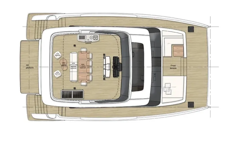 Double Happiness Yacht Photos Pics 2024 Sunreef 60 yacht floor plan, showcasing spacious deck and luxurious interior layout.