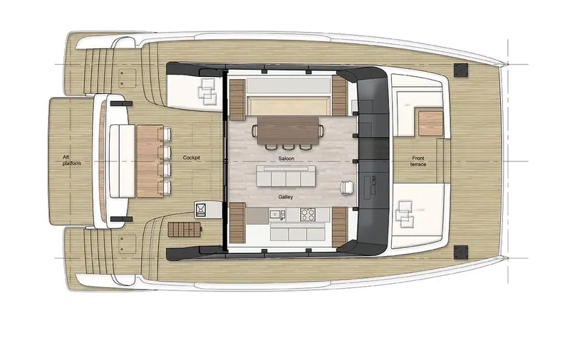 Double Happiness Yacht Photos Pics Floor plan of 2024 Sunreef 60 yacht, featuring spacious salon and cockpit areas.