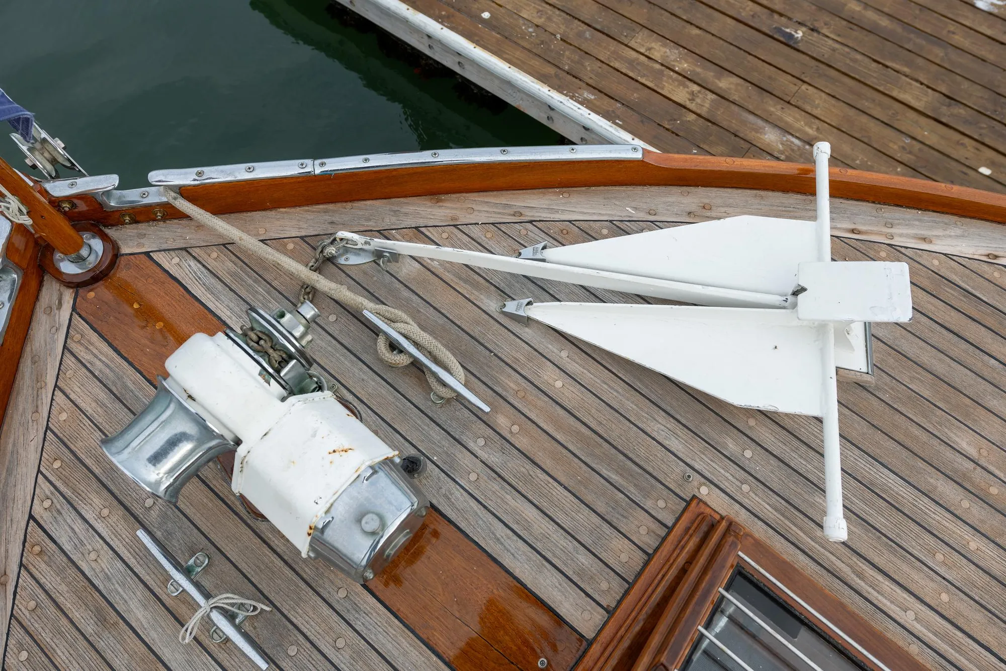 1939 Stephens Brothers Bridgedeck Cruiser deck with anchor and winch.