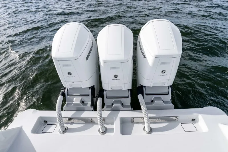  Yacht Photos Pics 2026 Valhalla Boatworks V-46 with triple Mercury Verado outboard engines on water.