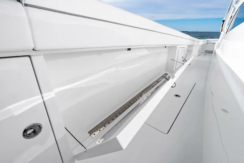  Yacht Photos Pics 2026 Valhalla Boatworks V-46 interior detail, showcasing sleek white storage compartment.