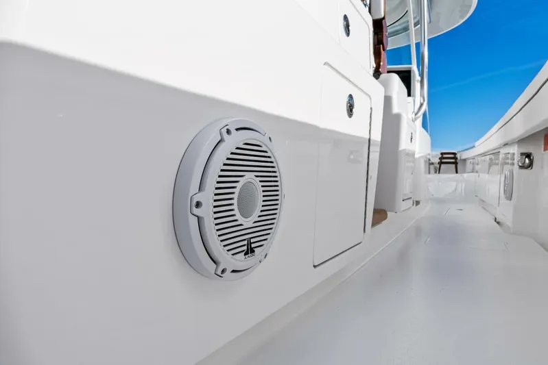  Yacht Photos Pics 2026 Valhalla Boatworks V-46 deck with speaker, showcasing sleek design and modern features.