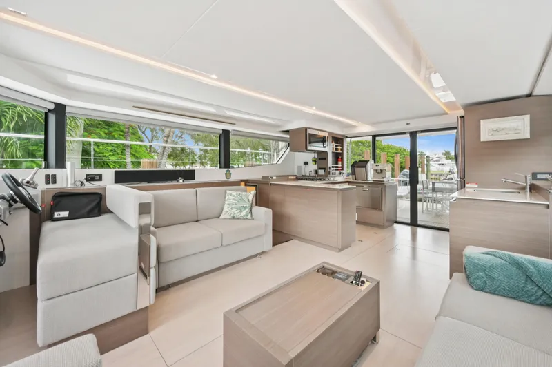 Freedom Yacht Photos Pics Luxurious interior of 2022 Leopard 53 Powercat yacht with modern furnishings and spacious layout.