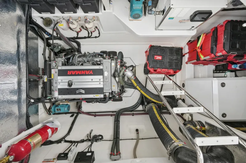 Freedom Yacht Photos Pics Engine room of 2022 Leopard 53 Powercat with Yanmar engine and equipment.