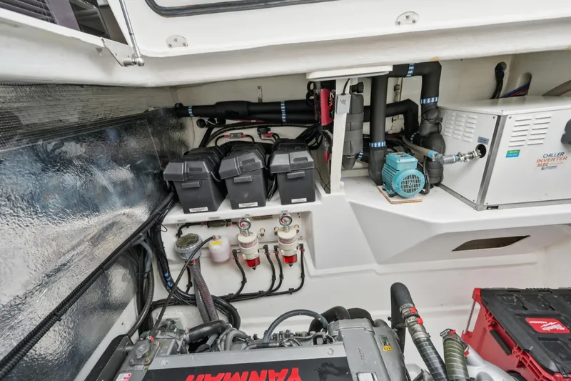 Freedom Yacht Photos Pics Engine room of 2022 Leopard 53 Powercat with Yamaha engine and electrical components.