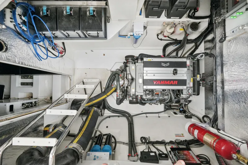Freedom Yacht Photos Pics Engine room of 2022 Leopard 53 Powercat with Yanmar engine and electrical components.