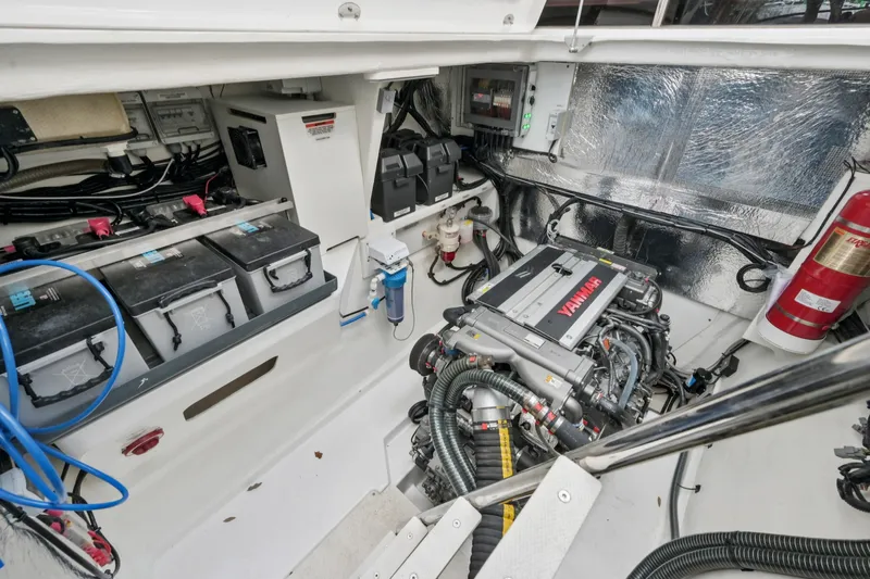 Freedom Yacht Photos Pics Engine room of 2022 Leopard 53 Powercat with Yanmar engine and electrical components.