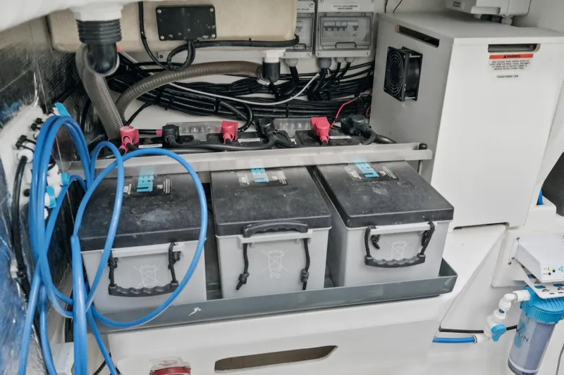 Freedom Yacht Photos Pics Electrical system of a 2022 Leopard 53 Powercat with batteries and wiring.