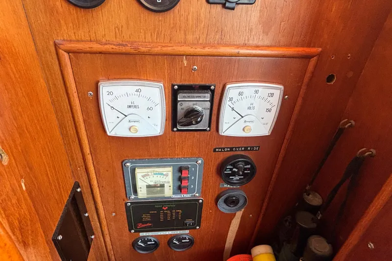 Maximon Yacht Photos Pics Control panel of a 1989 Grand Banks 46 boat with gauges and switches.