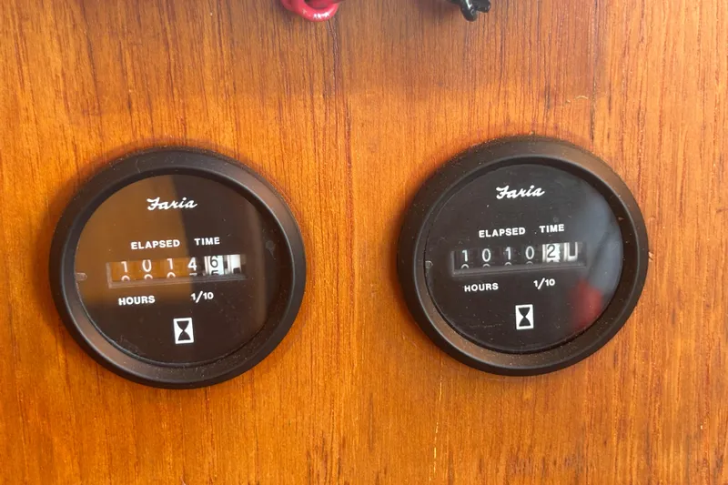Maximon Yacht Photos Pics Faria elapsed time meters on 1989 Grand Banks 46 yacht, displaying engine hours.