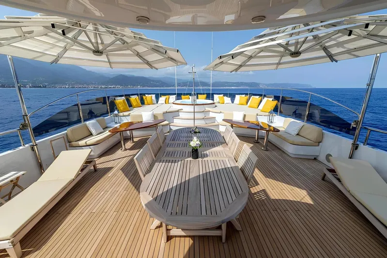 Baron Trenck Yacht Photos Pics Luxurious Eurocraft SUPERYACHT 43.5 deck with seating, umbrellas, and ocean view, 2011 model.