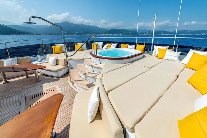 Baron Trenck Yacht Photos Pics Luxurious Eurocraft SUPERYACHT 43.5 deck with jacuzzi, sun loungers, and scenic ocean view.