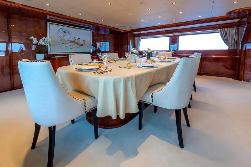 Baron Trenck Yacht Photos Pics Luxurious dining area on 2011 Eurocraft SUPERYACHT 43.5 with elegant table setting.