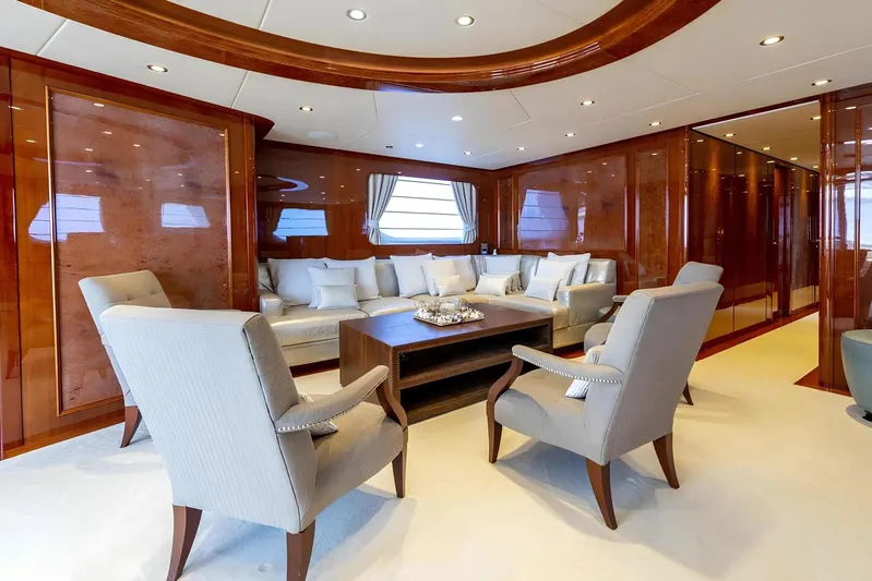 Baron Trenck Yacht Photos Pics Luxurious Eurocraft Superyacht 43.5 interior with elegant seating and polished wood finishes, 2011 model.