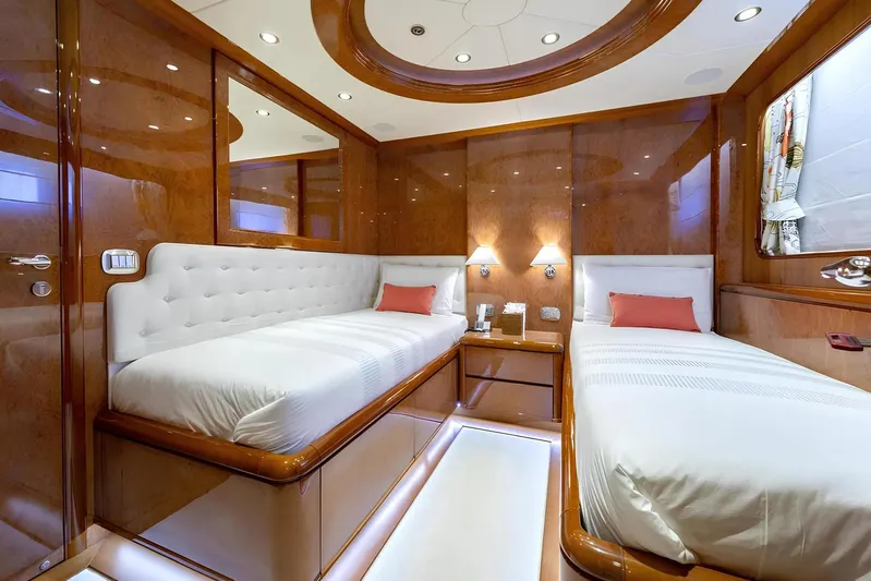 Baron Trenck Yacht Photos Pics Luxurious twin bedroom on 2011 Eurocraft SUPERYACHT 43.5 with elegant wood paneling.