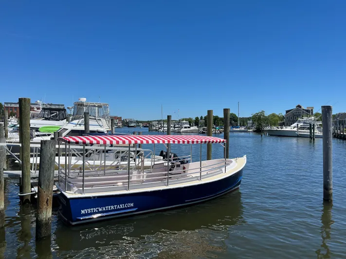 Joseph Packer Yacht Photos Pics 2024 Duffy 26 Water Taxi docked in a sunny marina with striped canopy.
