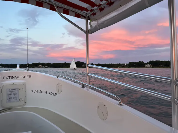 Joseph Packer Yacht Photos Pics 2024 Duffy 26 Water Taxi at sunset, with sailboat and pink sky in the background.