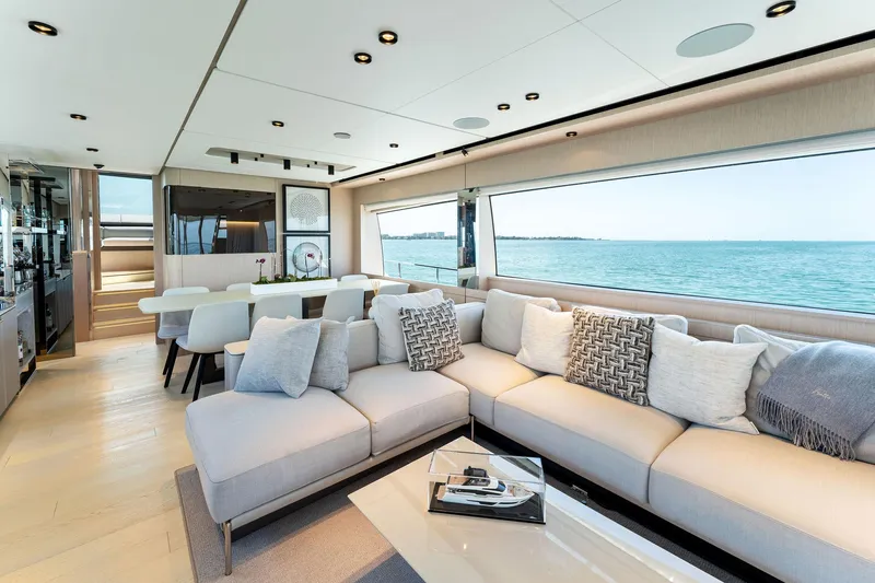 Open Sea Yacht Photos Pics Luxurious interior of 2023 Ferretti Yachts 780 with ocean view and modern furnishings.