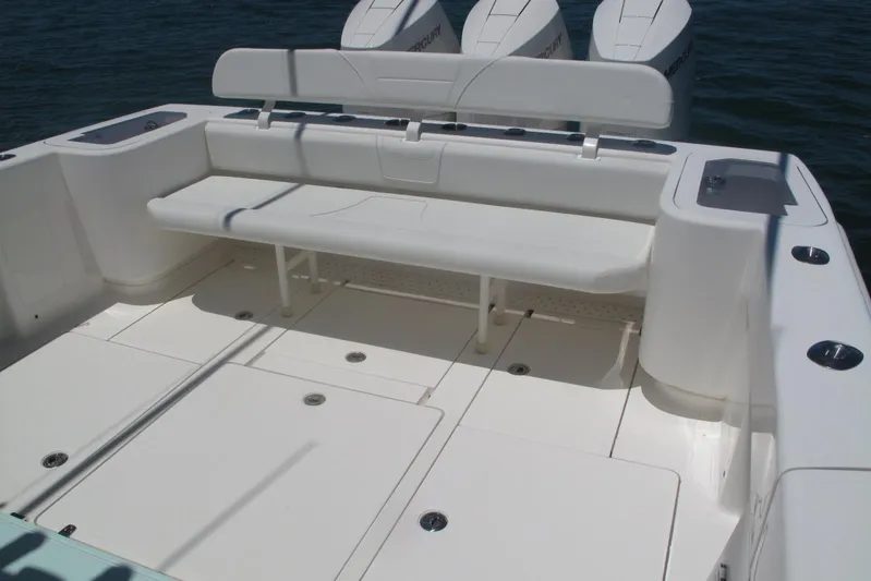  Yacht Photos Pics 2024 SeaVee 370z boat with spacious seating and triple outboard engines.
