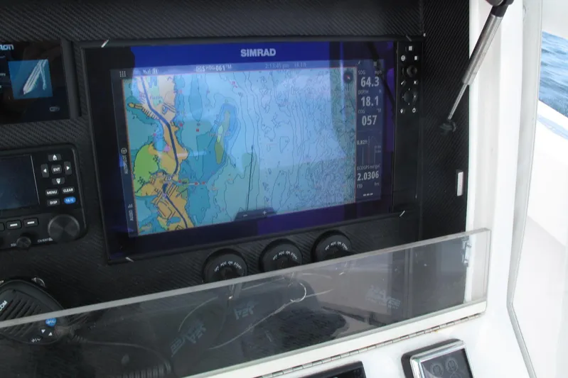  Yacht Photos Pics Simrad navigation display on 2024 SeaVee 370z boat dashboard.