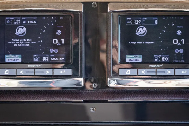  Yacht Photos Pics Dashboard of a 2015 Regal 53 Sport Coupe with VesselView4 displays.