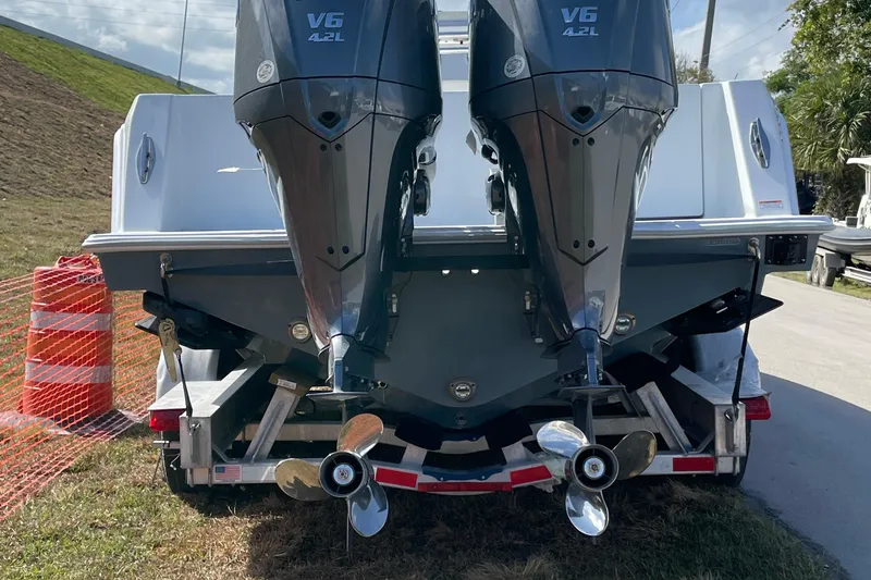  Yacht Photos Pics 2023 Contender 30 Tournament boat with dual V6 4.2L engines, rear view.
