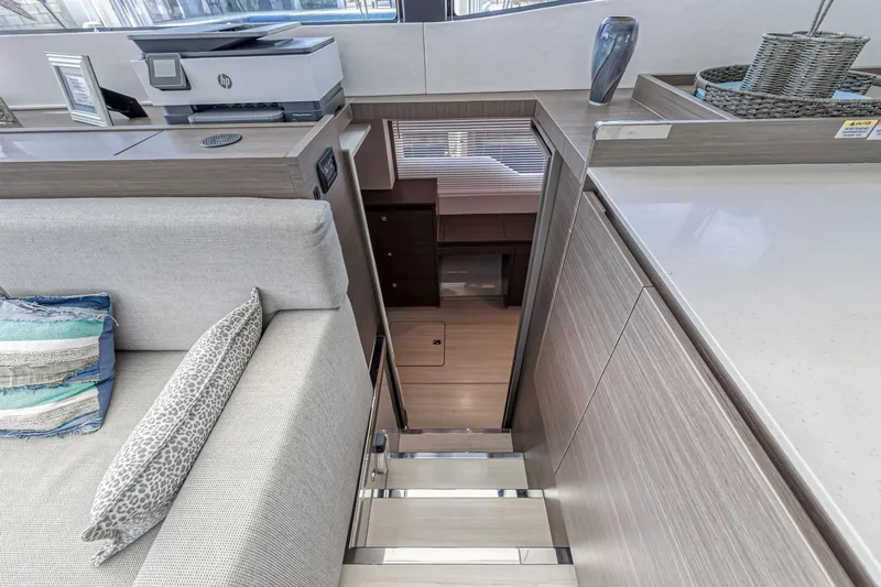 Double Feature Yacht Photos Pics Interior of 2023 Leopard 53 Powercat yacht, featuring modern design and comfortable seating.