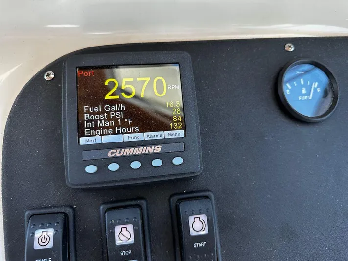 Dawn Treader Yacht Photos Pics Control panel of 2008 Sabre 42 Hard Top Express showing engine metrics and fuel gauge.