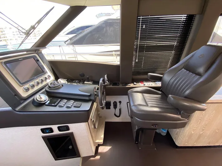 Mizar Yacht Photos Pics Cockpit of 2017 Azimut Magellano 53 yacht with control panel and captain's chair.