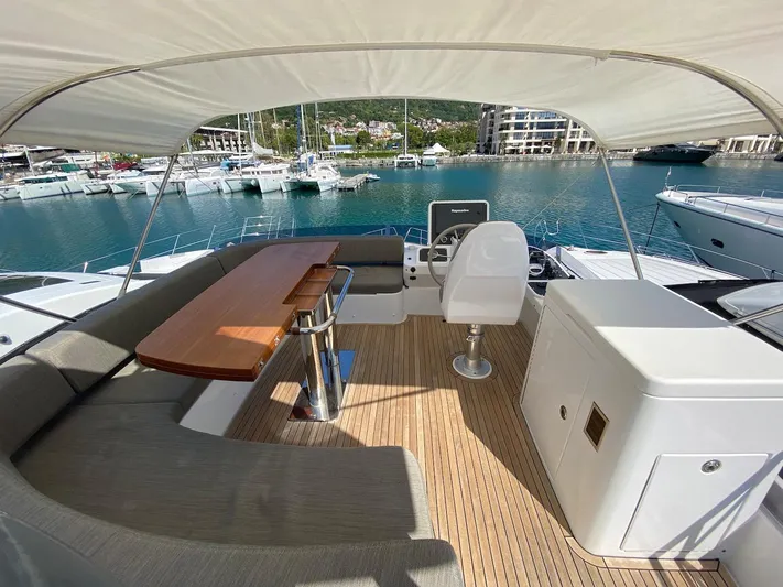 Mizar Yacht Photos Pics Flybridge of 2017 Azimut Magellano 53 yacht with seating, table, and helm station.